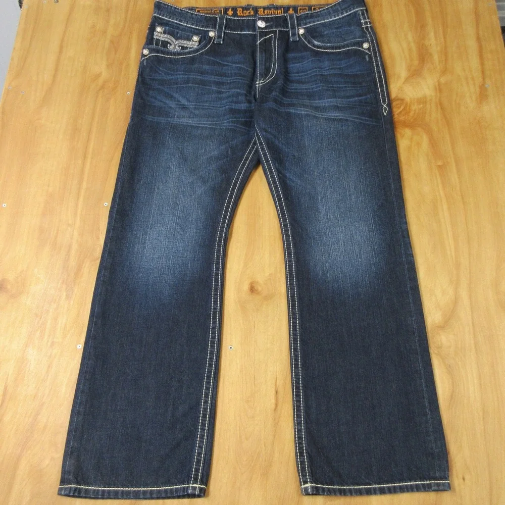 ROCK REVIVAL Mario Straight Leg Jeans 40 (42) X 33 Dark‎ Wash Denim Fleur-de-lis